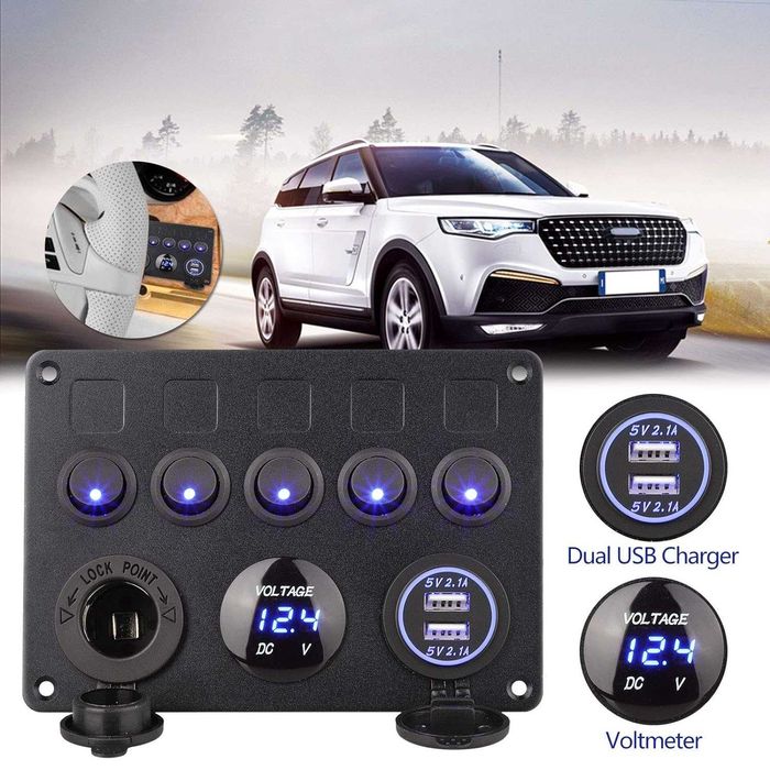 Панел с 5 бутона превключвател 2 бр USB 4.2А 12V и волтметър за МПС
