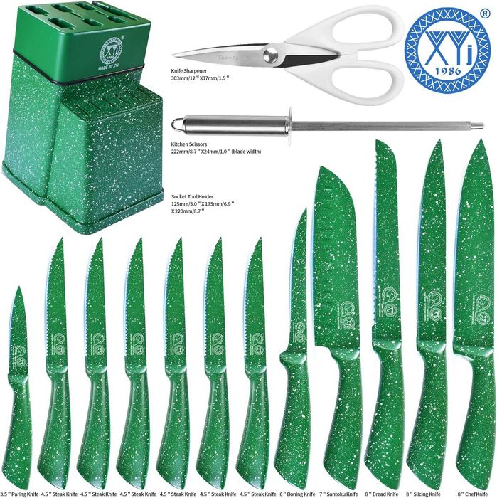 Комплект кухненски ножове с поставка неръждаема стомана, зелени