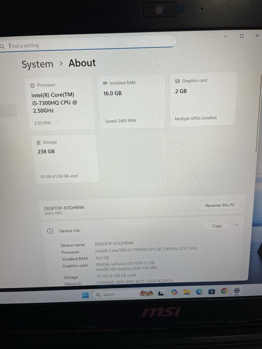 Laptop Gaming MSI GV62, 16gb ram, Gtx 1050,i5-7300Hq, Ssd