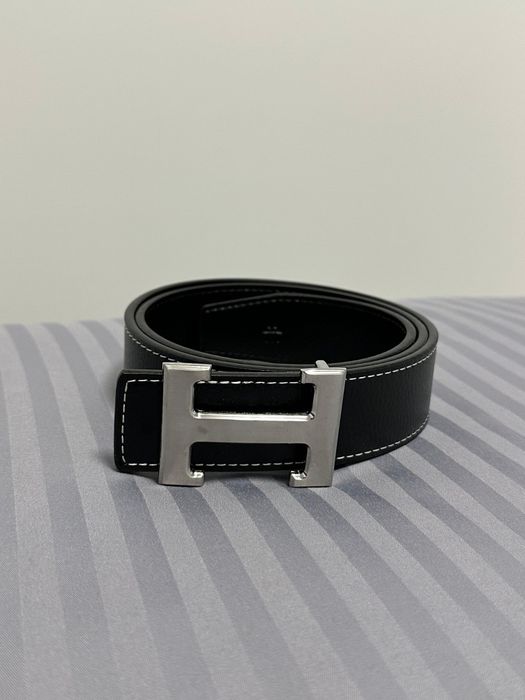 Curea Hermes din piele neagra cu catarama argintie lungime 110cm