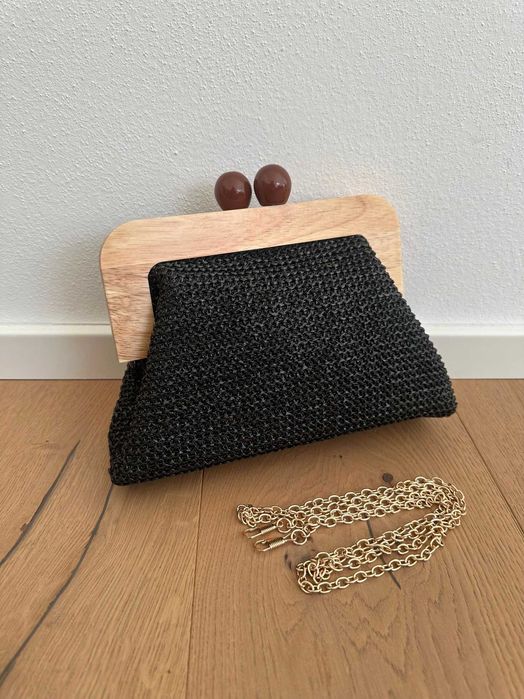 Geanta clutch dama eleganta rafie + lemn + lant auriu- Made in Italy