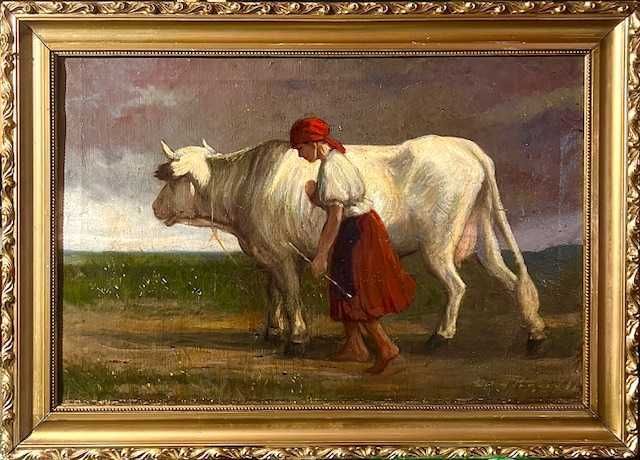 "Cu vaca la pascut" Tablou F, FOARTE VECHI, ulei/pz, semnat, 60x40cm+R