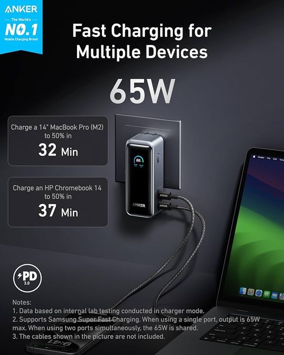 Anker Laptop Power Bank (25000, 165W, встроенные и съемные кабели)