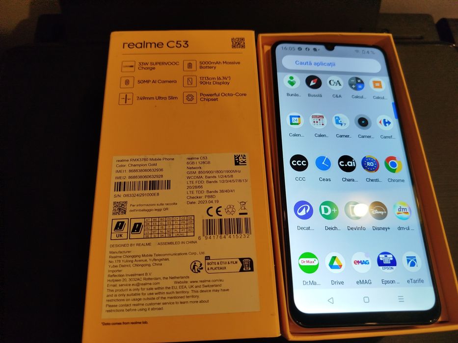 Realme C53 gold,la cutie și 2 huse de protectie,plus smartwatch
