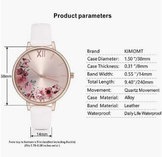 Дамски часовник KIMOMT, кожена каишка, японски кварцов механизъм