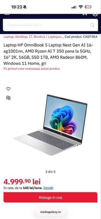 Laptop HP OmniBook 5, 16”, OLED2K, 16ram/1TB ssd, Ryzen AI 7, SIGILAT!