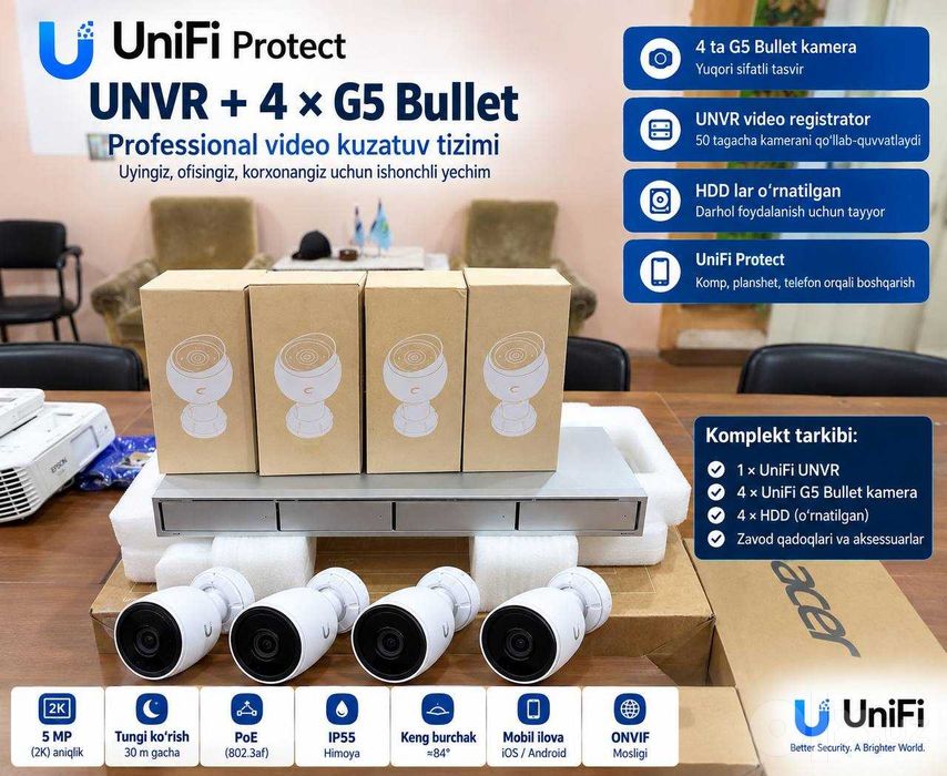 Ubiquiti UniFi UNVR + 4x G5 Bullet 2K kamera + 1TB HDD komplekt