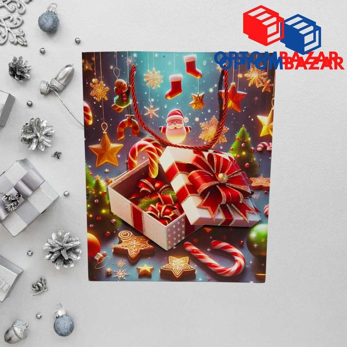 Yangi yil sovg'alari uchun archa rasmli 26x10x32 sm qog'oz paket