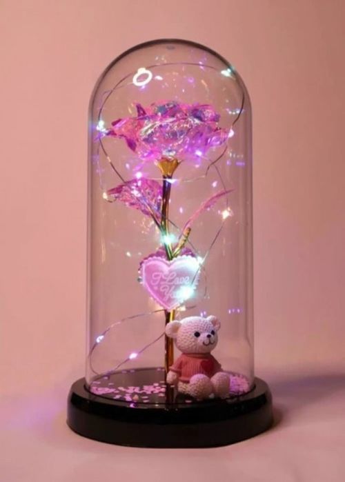 Стъкленица с роза , мече и LED светлина