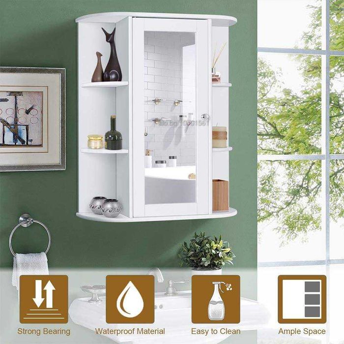 Огледален стенен шкаф за баня MDF, бял, 56 x 13 x 58 см
