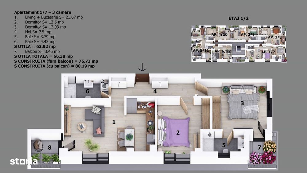 Apartament 3 camere| Decomandat | Lift | Parcare inclusa | Finalizat