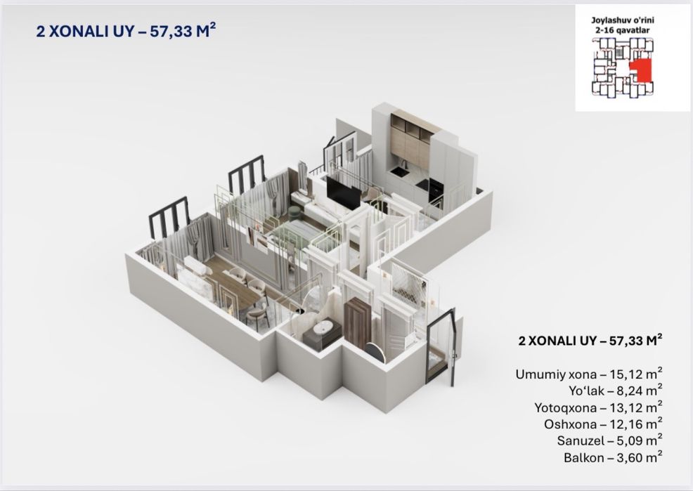 biznes toifadagi 2 xona uy