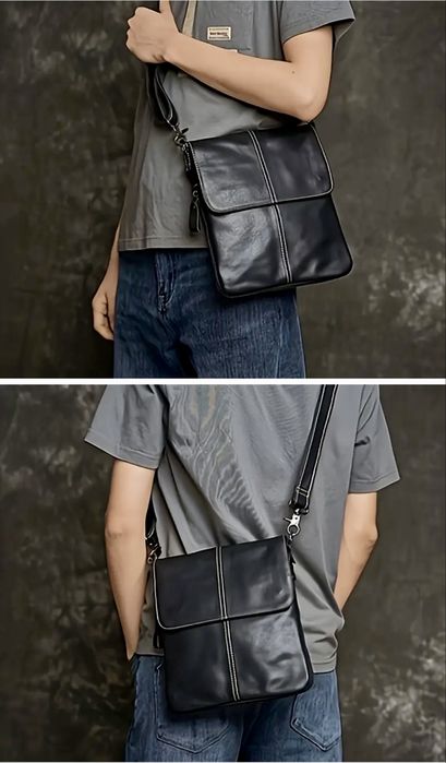 Мъжка луксозна кожена чанта с кръстна инкрустация/Черна -10% Промоция!