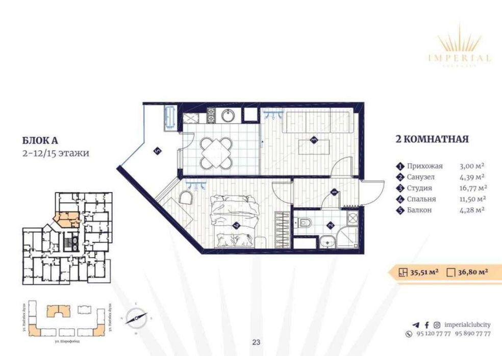 Продается 2х ком квартира, ЖК Imperial Club City, ор-р:Алайский,36,8м²
