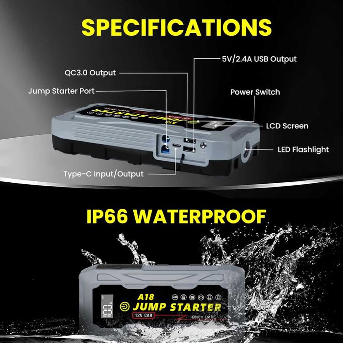 Преносим стартер за кола с QC3.0 и водоустойчивост IP66