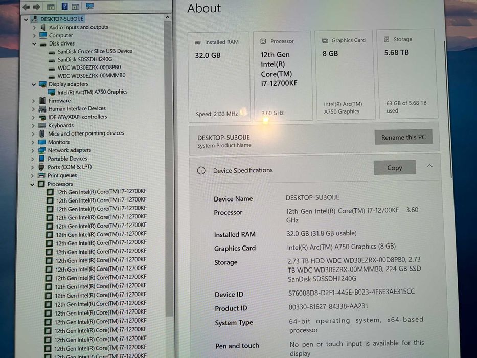 Геймърски i7 12700K/Intel® Arc™ A750 8Gb/32gb рам/ssd+hdd 6,25tb/GAMING CUBE