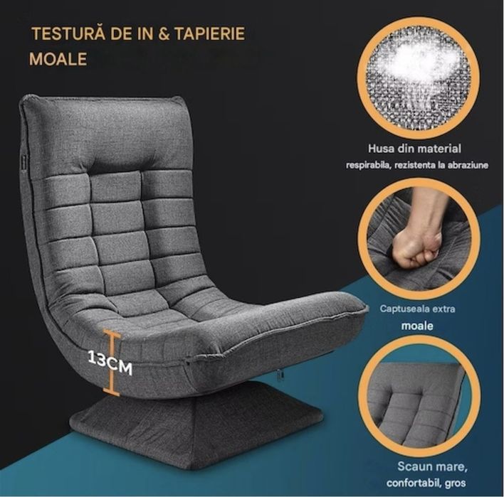 Fotoliu/Scaun relaxare cu 5 pozitii, rotire 360 grade, Casaria, sustine, tesatura gri