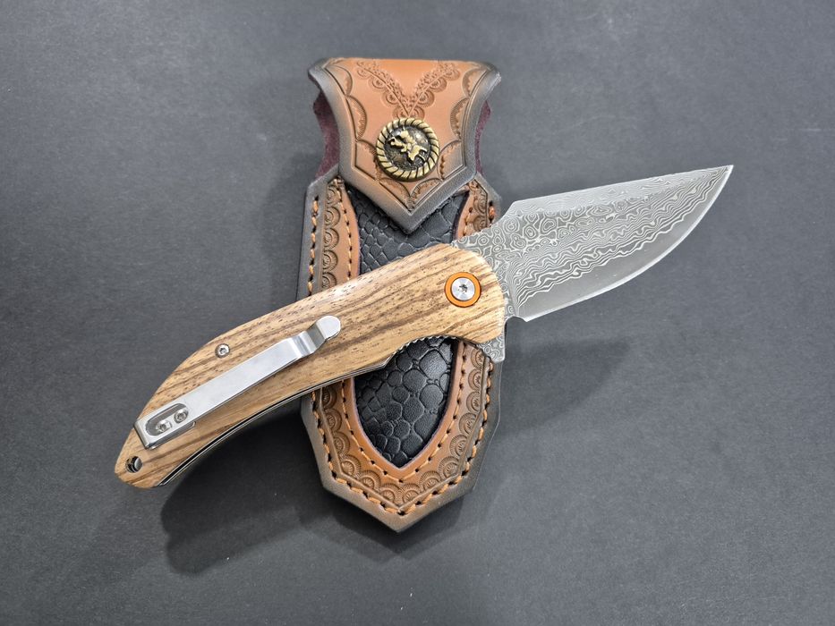 Сгъваем нож дамаска стомана с кожена кания,SD16