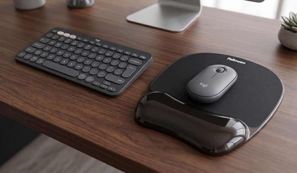 Mouse Logitech Pebble 2 M350s + Mousepad Fellowes Crystals Gel - Ca nou, Bluetooth, Ultra-silențios, Multi-device - Culoare Tonal graphite