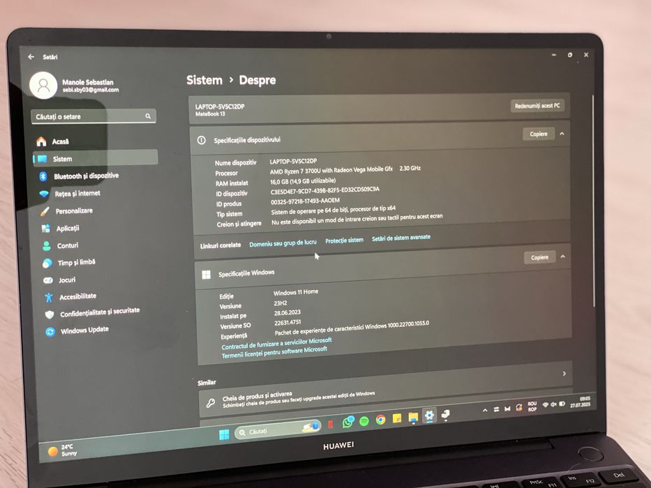 Huawei MatBook 13 cu procesor AMD Ryzen 7 3700U, 13” , 2K, 16GB, 512GB