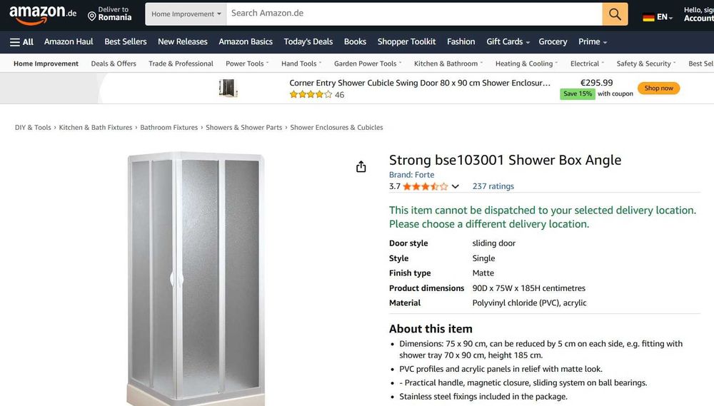 Cabină de duș pe colt Strong BSE103001 90D x 75L x 185H cm