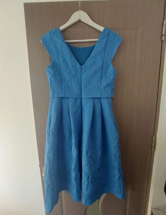 Rochie elegantă Phase Eight, albastru, model floral jacquard, mă