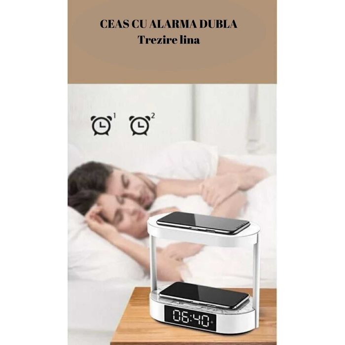 Incarcator Wireless 4 in 1, Lampa Noptiera, Cu Ceas, Alarma