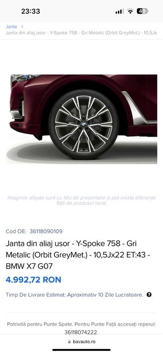 Set 4 jante 22 originale BMW pentru X7 G07