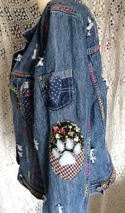 Дънково яке M/L Котки ръчна декорация