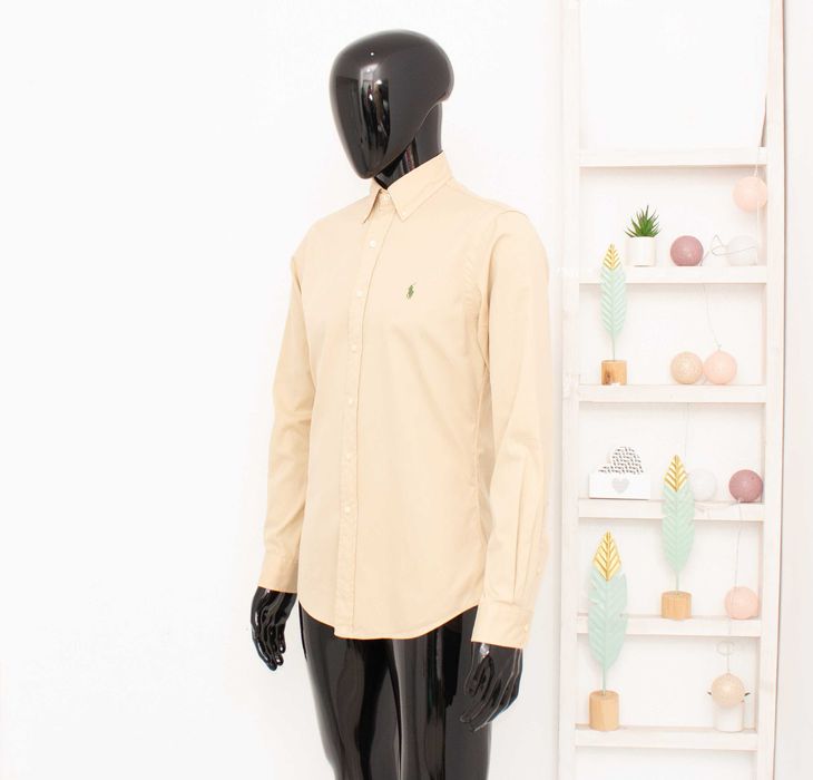 Ralph Lauren оригинална мъжка риза бежова зелено лого Slim Fit Feather Weight Twill S