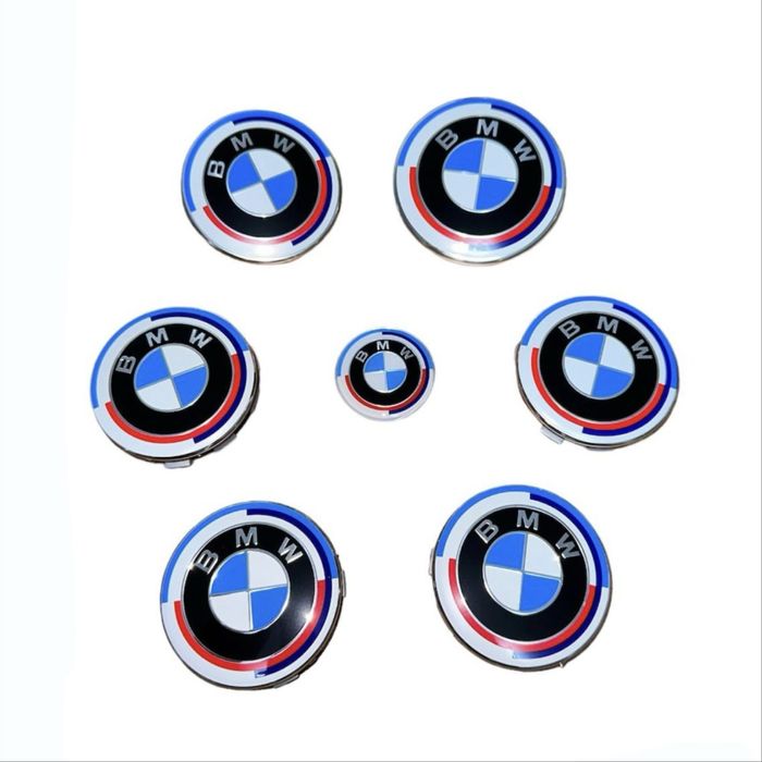 Set 7 embleme aniversare editie 50 BMW capota portbagat volan si jante
