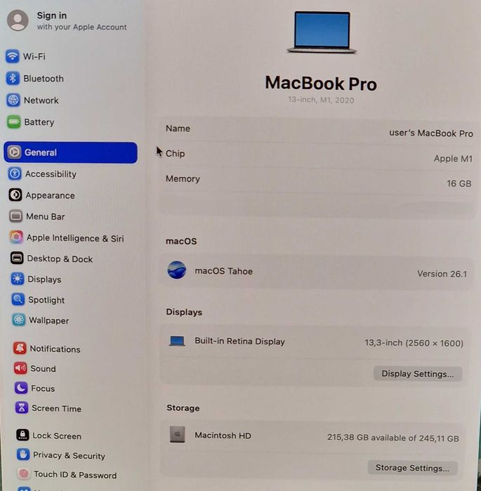 Macbook Pro 13 M1, 16gb ram, 250gb storage