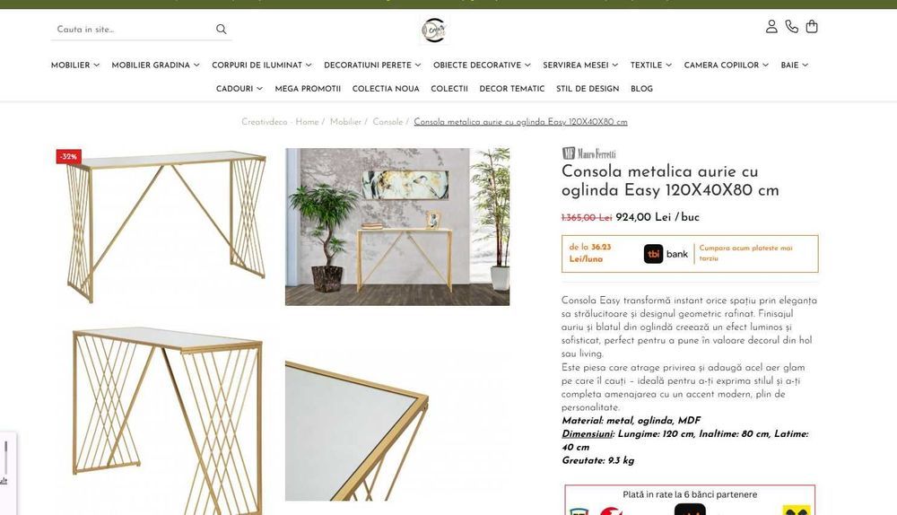 Masa de lucru funcțională și elegantă Consola metalica aurie cu oglinda Easy de Metal Auriu