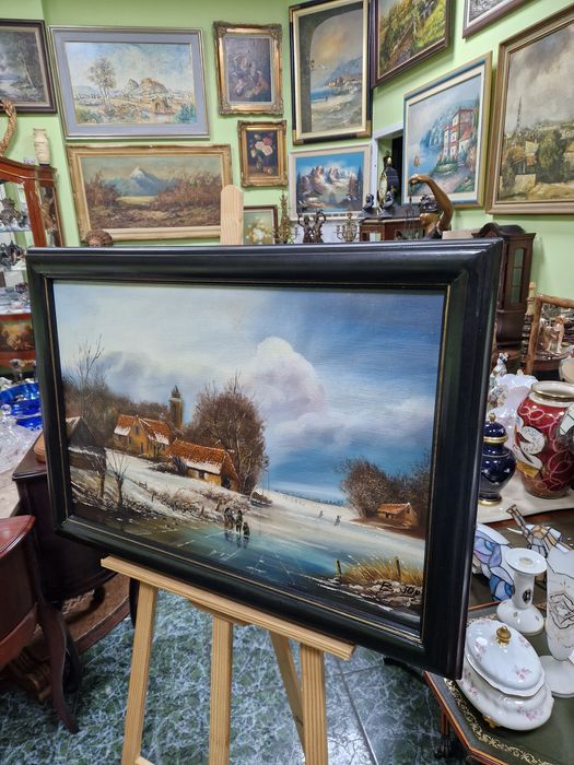 Страхотна антикварна авторска картина масло върху платно