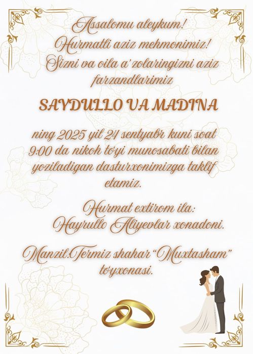 Kelin toʻy va sunnat toʻylar uchun  taklifnomalar. Vizitkalar
