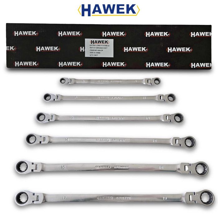 Удължени подвижни звездни ключове с тресчотка 8-19 мм, HAWEK
