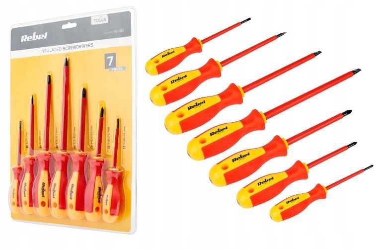 Комплект от 7 броя Електричарски Отвертки Rebel , Изолирани, 1000V