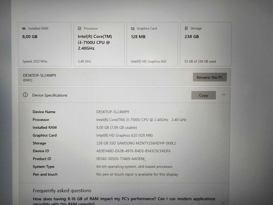 Lenovo V510 15.6" Full HD / i3 7100U 2x2.40 Ghz / 8GB RAM / 256GB SSD / 8ч. Батерия + зарядно