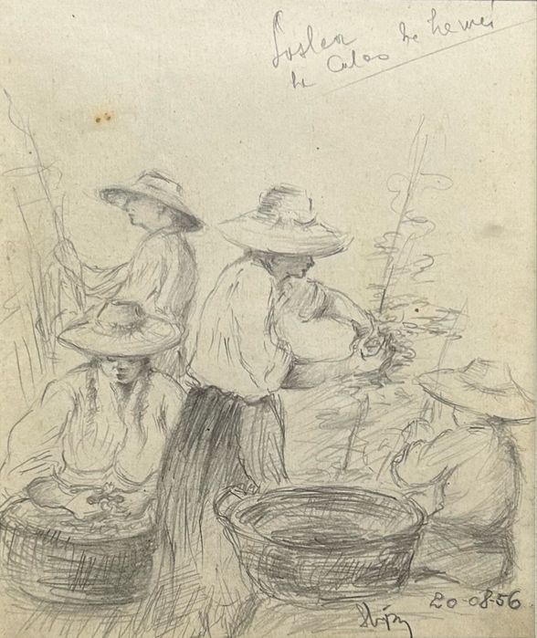 Lot 4 tablouri Schipor 1956 grafica Sasoaice la cules de hamei Sibiu