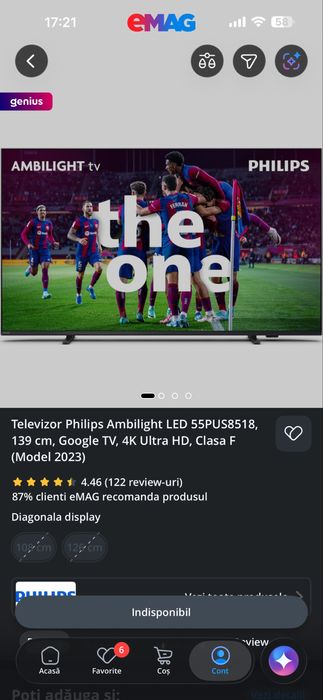 Televizor Philips Ambilight LED 55PUS8518, 139 cm, Google TV, 4K Ultra HD, Clasa F (Model 2023)