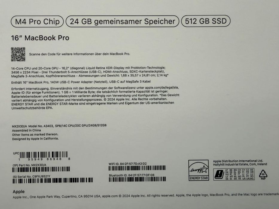 НОВ MacBook Pro 16" M4 PRO Chip 14-Core CPU/20-Core GPU/24 RAM/512 SSD