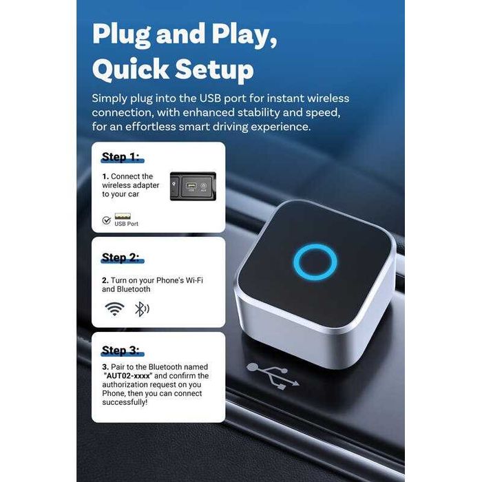 НЕМСКИ Безжичен Адаптер За Кола 2-в-1, Mini USB, Plug & Play, Съвместим С Автомобили Оборудвани С iOS 10+ / Android 10+, Bluetooth + ЛЕД ФЕНЕР