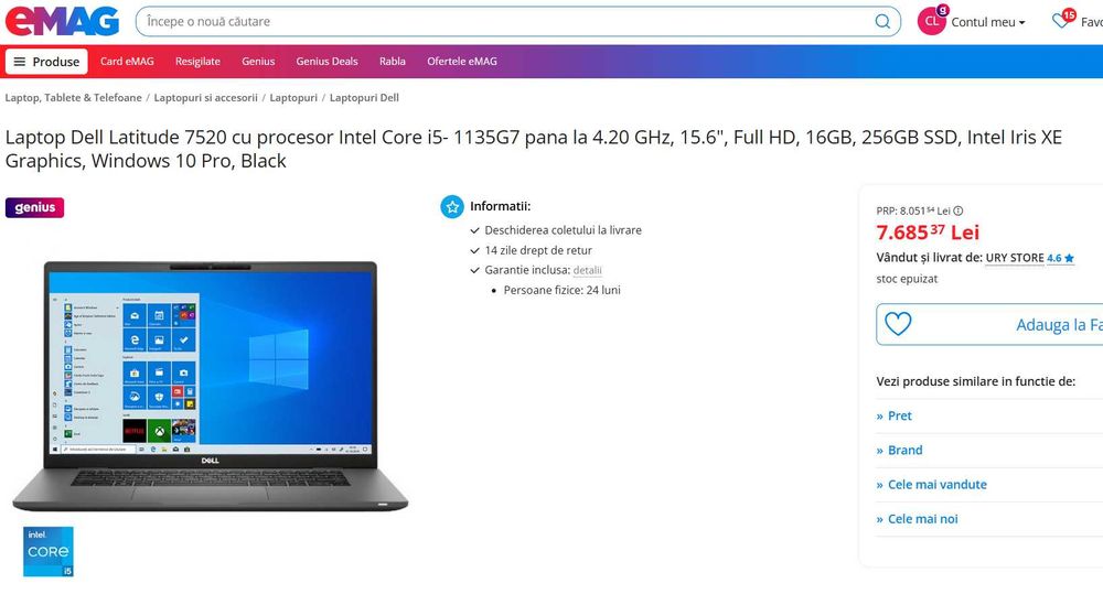 Dell Latitude i7-1185G7  15.6 FHD baterie 12-16H CA NOU garantie 1 AN