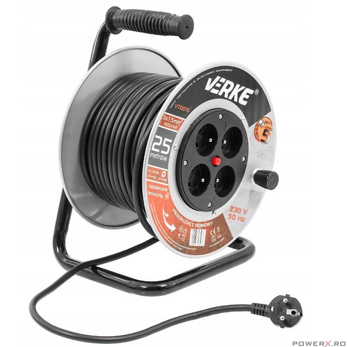 Rola prelungitor cablu negru, cu cadru metalic, 25 metri 3 x 1,5 mm