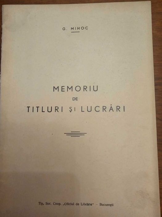 RAR G. Mihoc - Memoriu dedicație autografă către Octav Onicescu