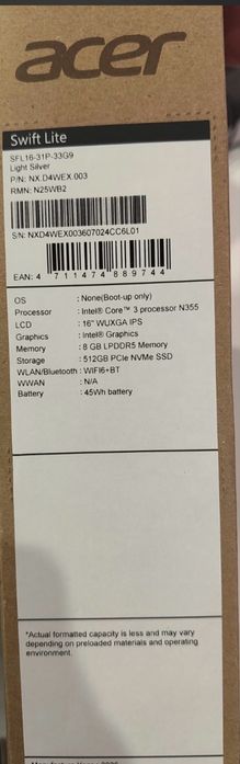 Laptop ACER Swift Lite 16 SFL16-31P-33G9, Intel Core 3 N355 pana la 3.9GHz, 16" WUXGA, 8GB, SSD 512GB, Intel Graphics, Free Dos, Light Silver