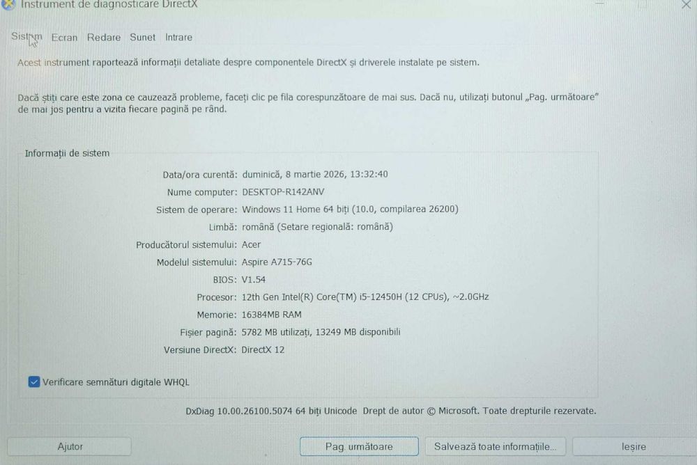 Laptop Gaming Acer RTX 3050 4 GB (Ag8 Tudor1/B74564) –Garantie 2 Ani!