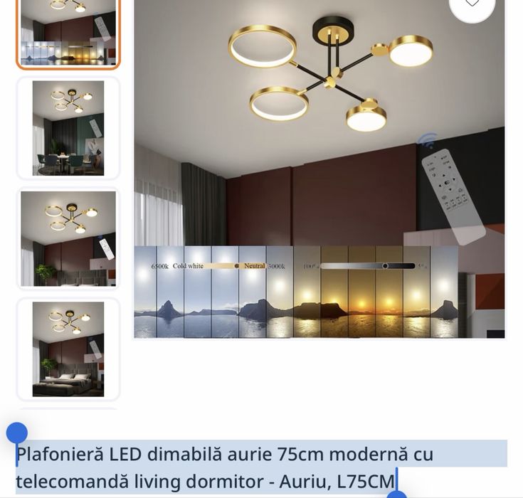 Plafonieră LED dimabilă aurie 75cm modernă cu telecomandă living dormitor - Auriu, L75CM