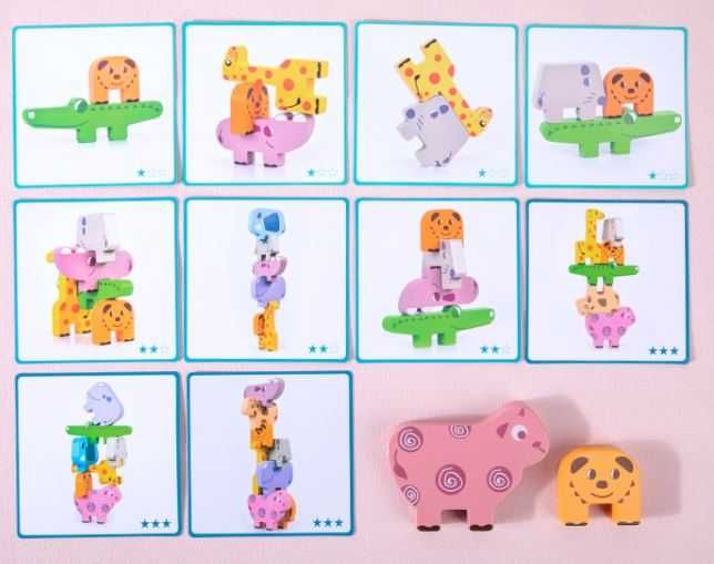 Joc Montessori de Stivuire Animale din Lemn, 10 Piese, 10 Cartonase