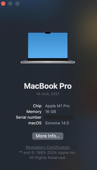 Macbook Pro 14 M1, 16 / 512gb